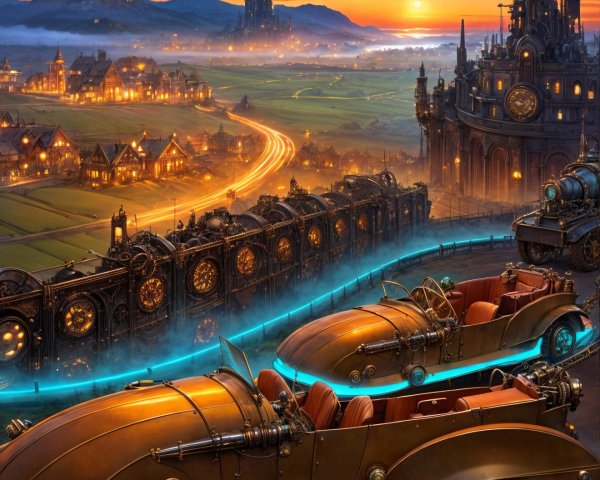 Fantastical Landscape with Vintage Cars and Castle