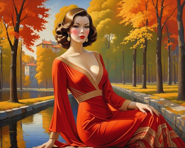Glamorous Woman in Red Gown by Autumn Waterway