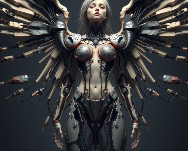 Futuristic Humanoid with Mechanical Wings and Design
