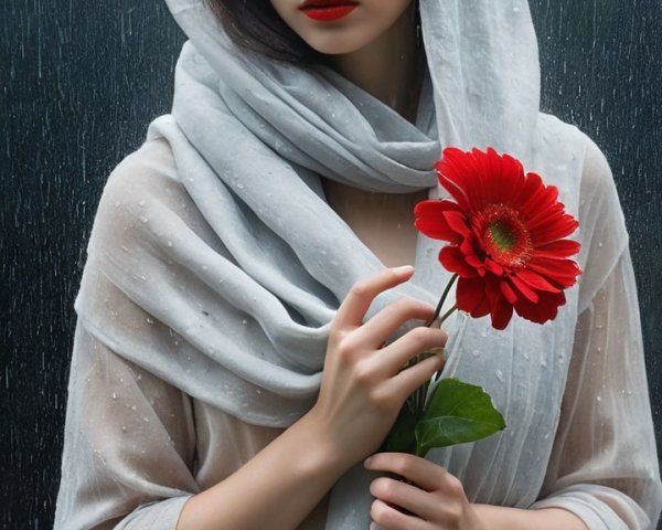Woman in Rain with Gray Scarf and Red Flower