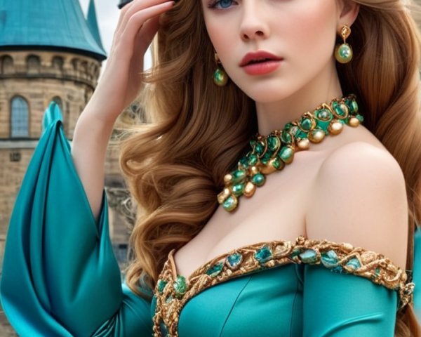 Emerald Green Gown with Regal Crown and Castle Towers