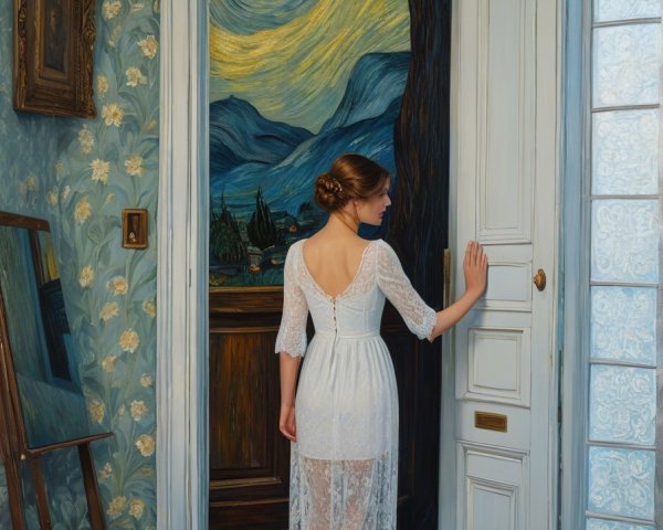 Young Woman in Lace Dress by Mural of Night Sky