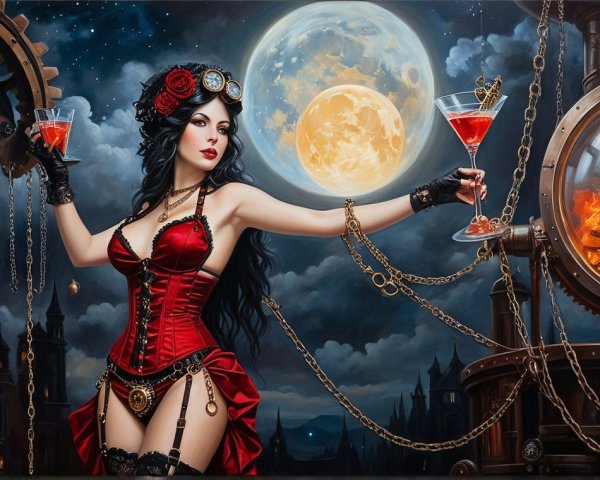 Steampunk Scene with Woman in Crimson Corset and Cocktails