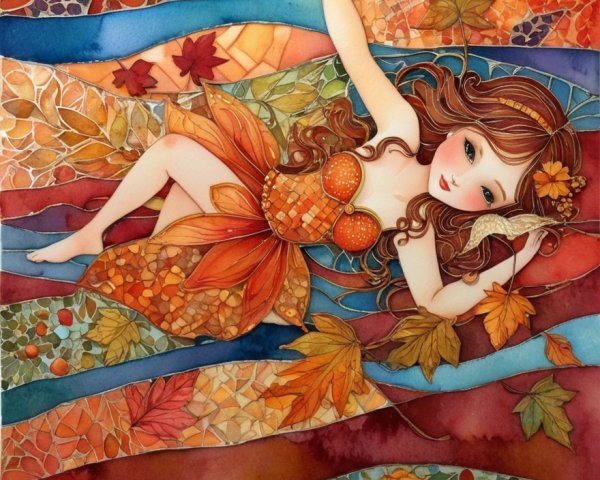 Whimsical Illustration of a Serene Girl in Autumn Colors
