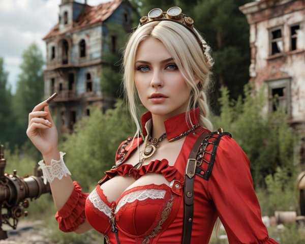 Steampunk Woman in Red Outfit with Decaying Backdrop