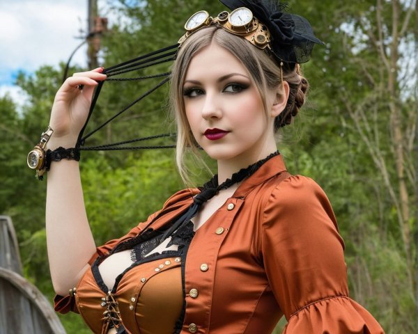 Steampunk-Inspired Outfit in Outdoor Setting