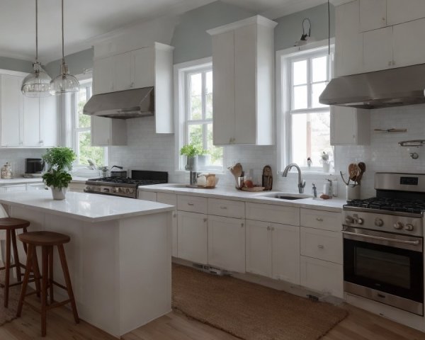 Modern Bright Kitchen with White Cabinets and Marble Counters