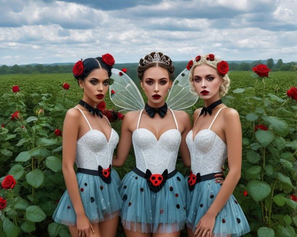 Women in Whimsical Costumes in Rose Garden