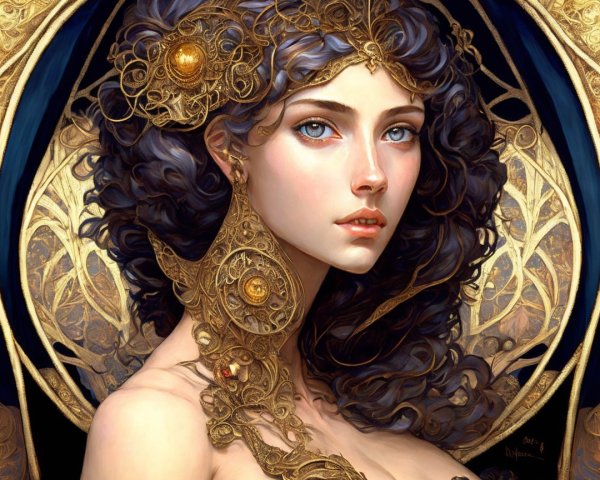 Portrait of a woman with dark curls and blue eyes