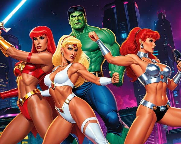 Superheroes in Vibrant Outfits Against Futuristic City