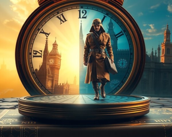 Vintage Pilot on Clock Face with Skyline Background