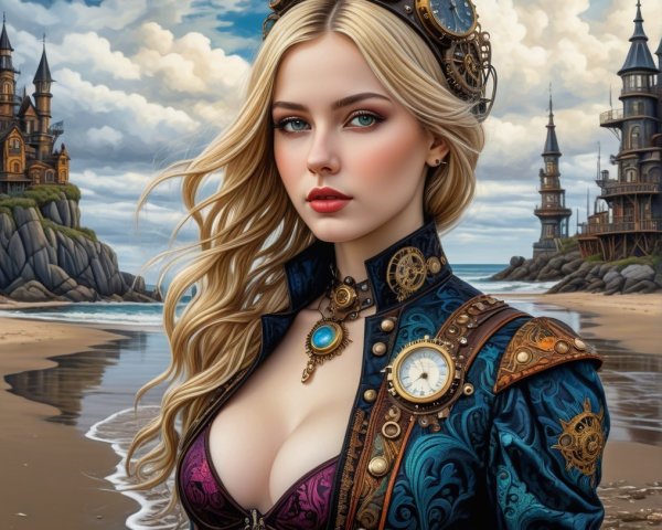 Steampunk Woman on Beach with Castles in Background
