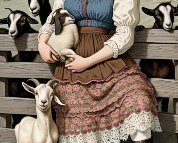Young Woman in Colorful Dress with Lamb in Pastoral Scene