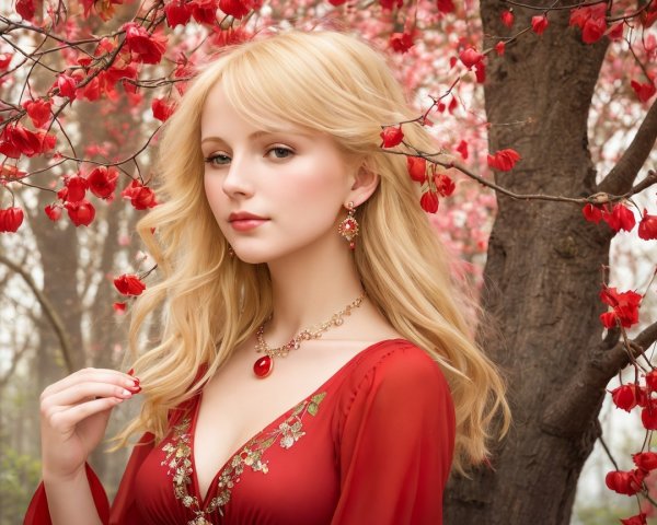 Young woman in red dress among blooming flowers