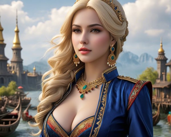 Elegant Woman in Royal Outfit with Gold Embroidery