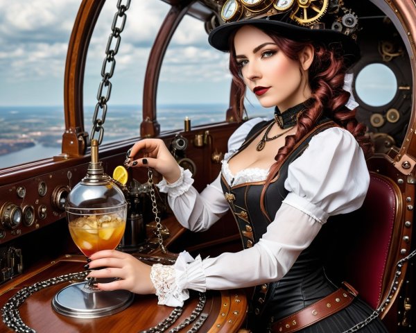 Steampunk Woman at Vintage Control Panel with Cocktail