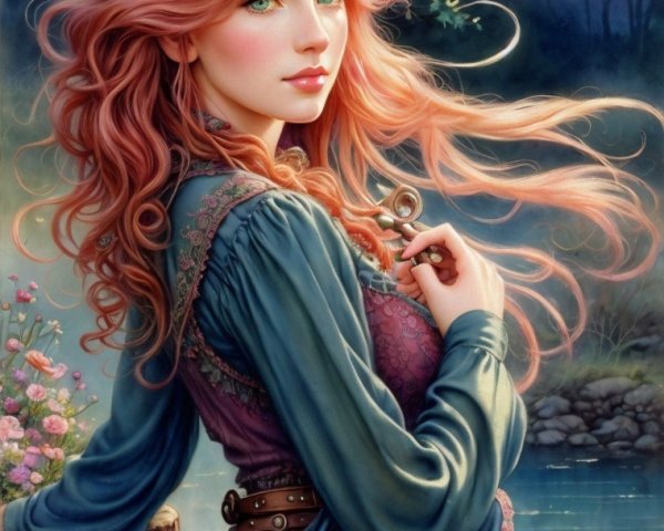 Young woman in floral crown by serene pond