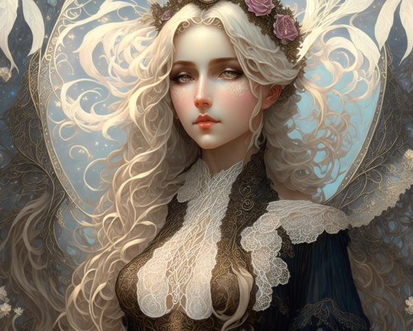 Mystical Woman in Black Gown with Floral Crown