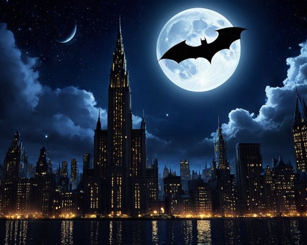 Dramatic Night Cityscape with Skyscrapers and Moon