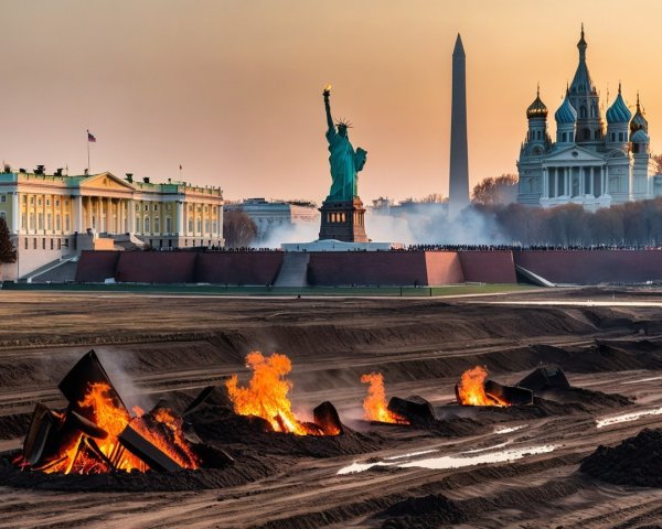 Sunset Scene with Iconic Landmarks and Vibrant Colors