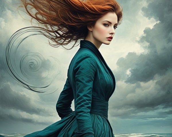 Woman in green gown by turbulent sea and stormy sky