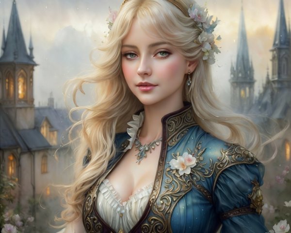 Regal Young Woman in Ethereal Castle Setting