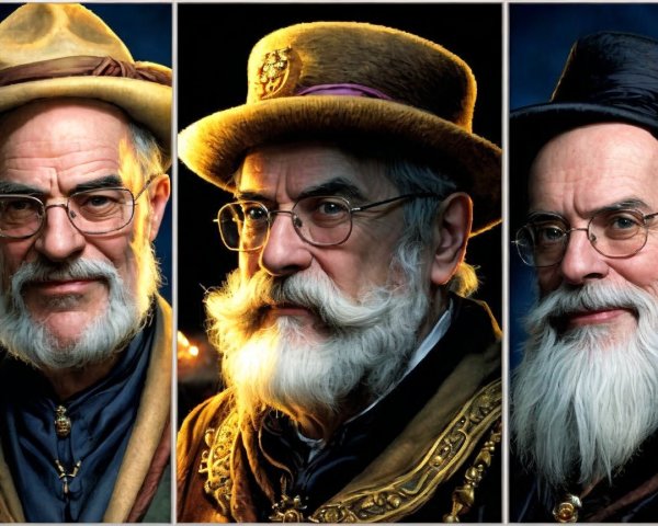 Elderly Man with Vintage Hats in Three Poses