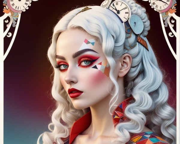 Portrait of a woman with voluminous white hair and accessories