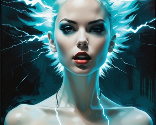 Portrait of a woman with blue lightning hair and confidence