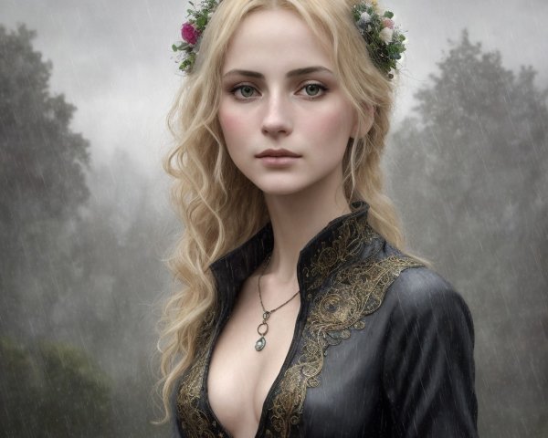 Young woman in ornate black dress in rainy landscape