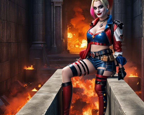Vibrant Character on Ledge with Flames Background
