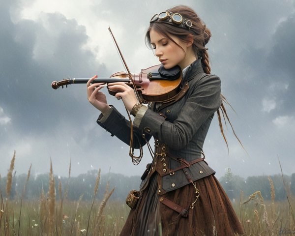 Young Woman in Steampunk Attire Playing Violin