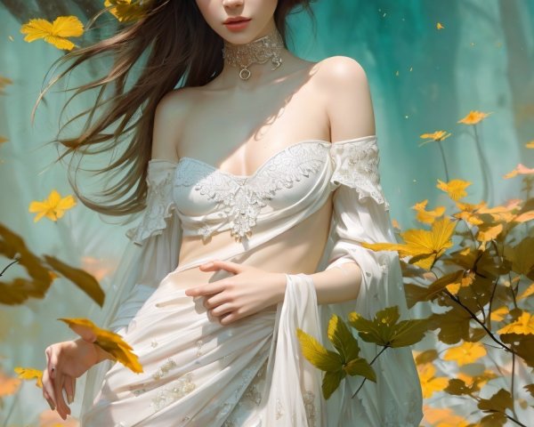 Mystical figure in enchanted forest with autumn leaves