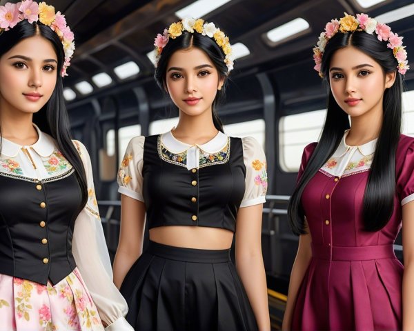 Young Women in Floral Outfits in Train Carriage