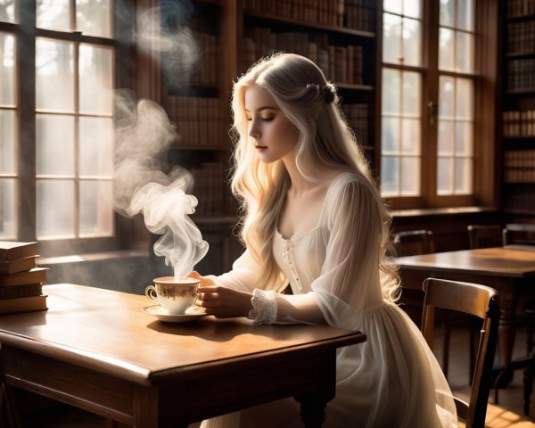 Young woman in a sunlit library with tea and books