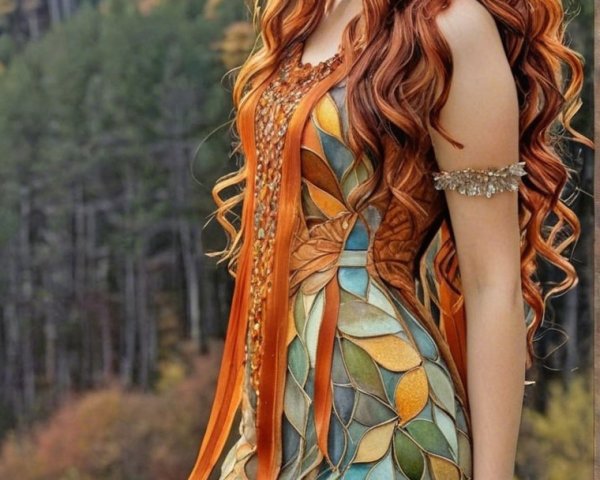 Young Woman in Leaf-Patterned Dress at Sunset Forest