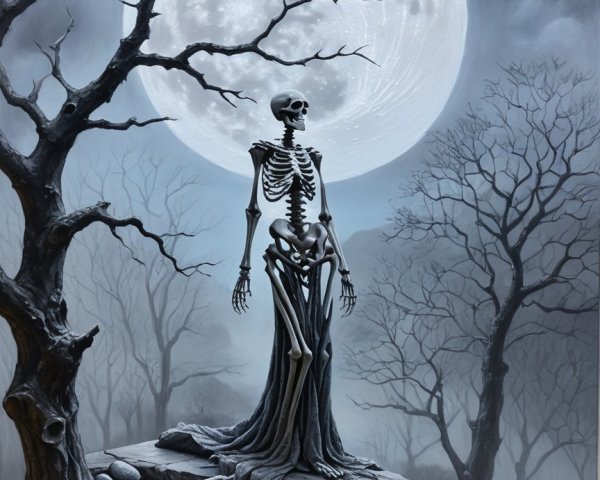 Skeleton in Dark Dress on Gray Stone Outcropping
