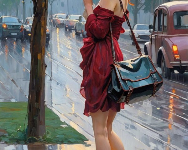Elegant Woman with Red Hair on Rainy Street
