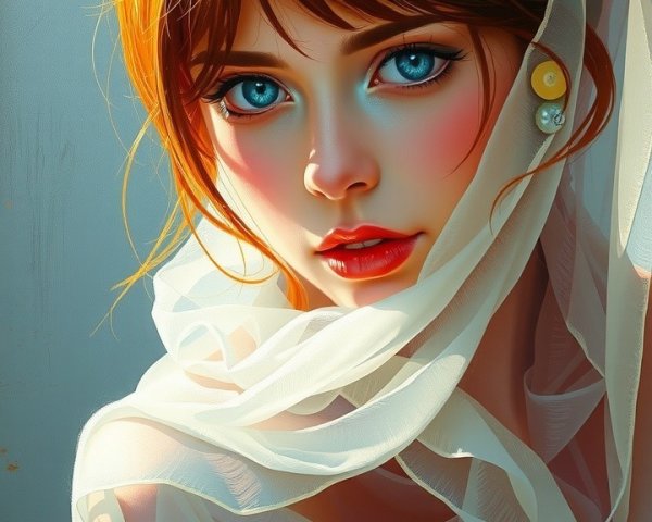 Portrait of a Young Woman with Blue Eyes and Veil
