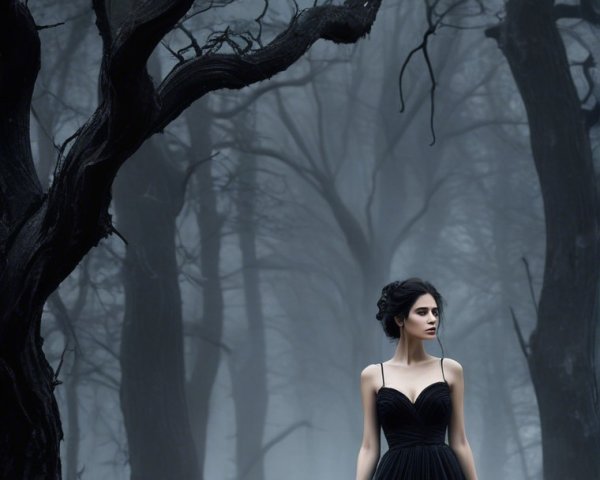 Mysterious Figure in Dark Foggy Forest at Night