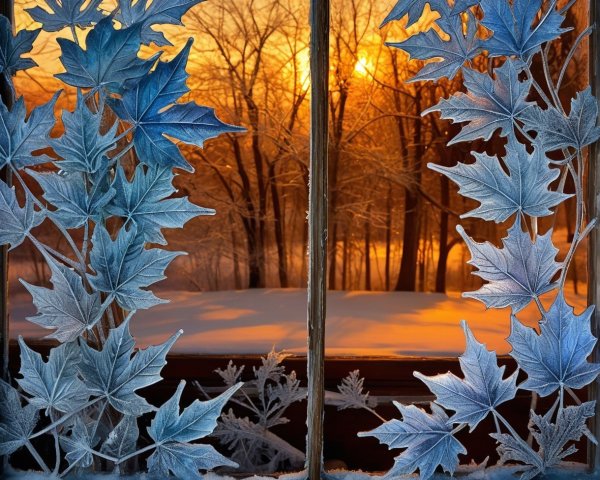 Frost-Covered Maple Leaves Viewed Through a Window Frame
