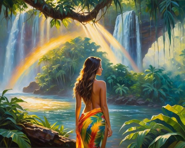 Young Woman by Tranquil River with Waterfalls and Rainbow