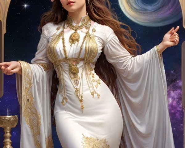 Ethereal figure in white gown against cosmic backdrop