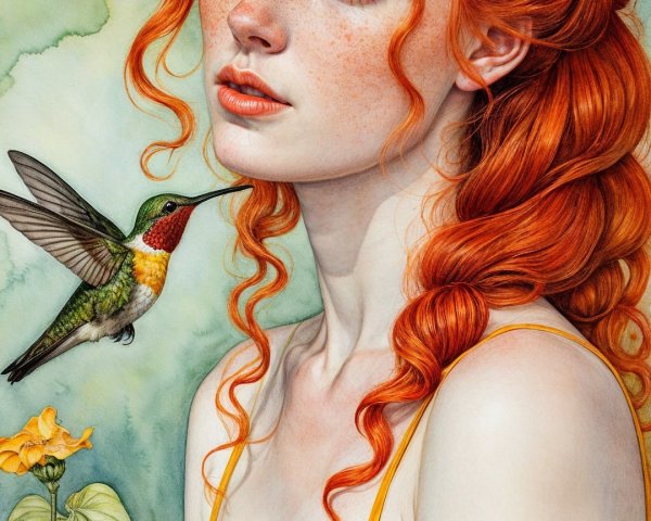 Young woman in yellow dress with red hair and hummingbird