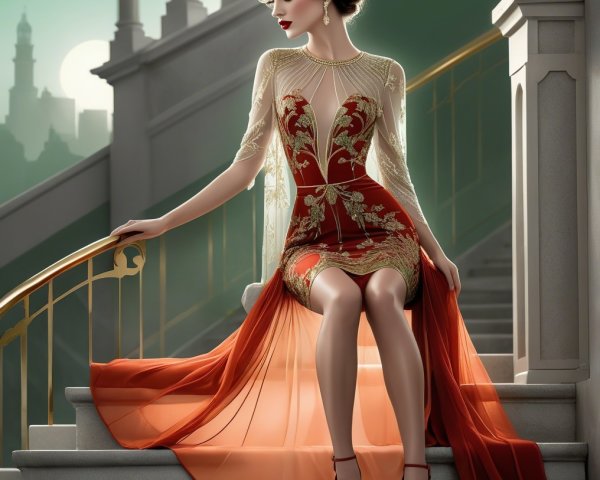 Glamorous Woman in Elegant Red Gown on Staircase