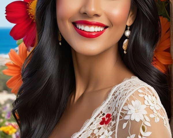 Young woman in embroidered dress with floral backdrop