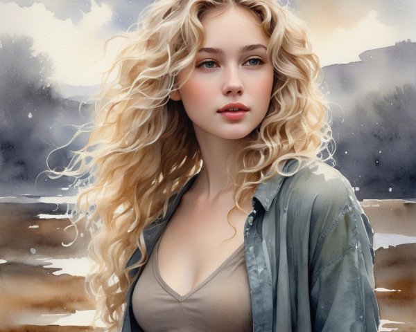 Young woman with blonde curls in a misty landscape