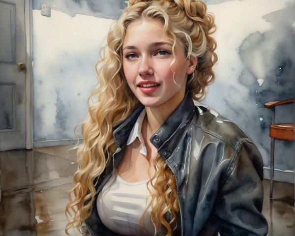 Young woman with blonde hair in casual outfit and soft background