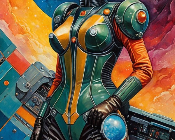 Female Astronaut in Vibrant Suit Against Cosmic Backdrop