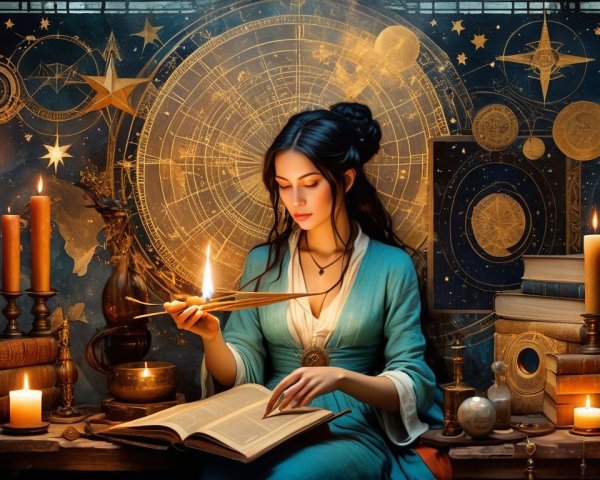 Mystical Scene with Woman, Books, and Celestial Maps